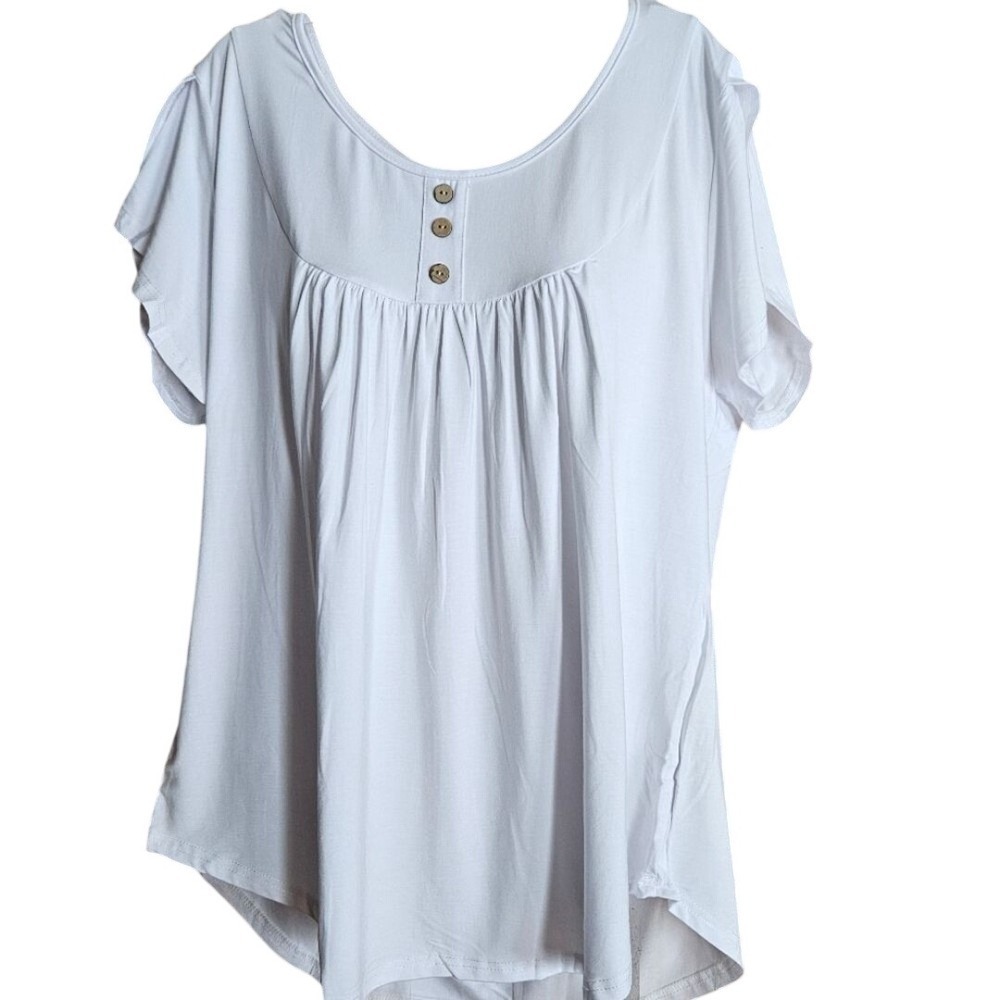 NWT ZCC White Henley Blouse Women's Large Pleated Tulip Hem Short Sleeve Top